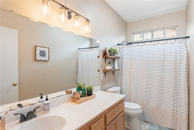 full bath with toilet, a shower with shower curtain, tile patterned flooring, and vanity