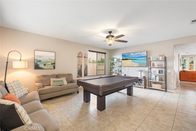 game room featuring pool table, a ceiling fan, light tile patterned flooring, and visible vents