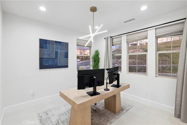 home office featuring baseboards, recessed lighting, and visible vents