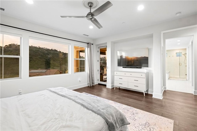 bedroom with a ceiling fan, dark wood-style flooring, visible vents, baseboards, and recessed lighting