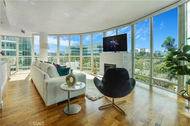 living area with a textured ceiling, a healthy amount of sunlight, and expansive windows