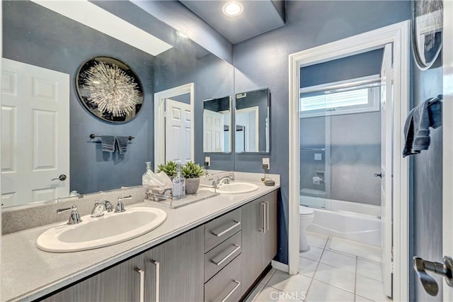 bathroom featuring a sink, tile patterned flooring, toilet, and double vanity