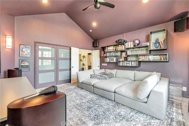 living area featuring recessed lighting, baseboards, a ceiling fan, and high vaulted ceiling