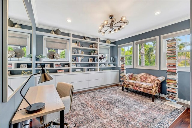 office area featuring crown molding, a chandelier, recessed lighting, baseboards, and wood finished floors
