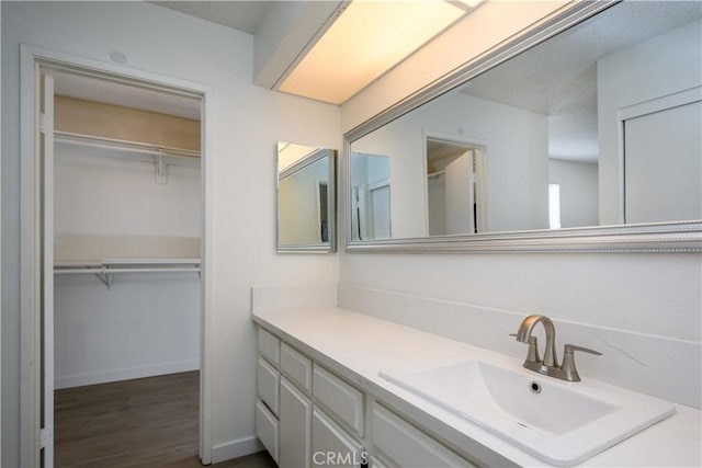 bathroom with vanity, wood finished floors, and a spacious closet