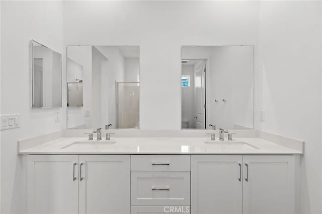 full bathroom with a sink, a shower stall, and double vanity