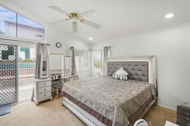 bedroom featuring access to outside, carpet flooring, lofted ceiling, and recessed lighting