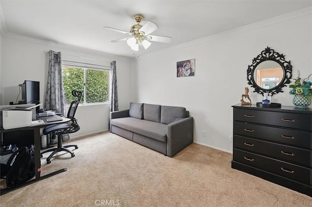 office area featuring crown molding, carpet, ceiling fan, and baseboards