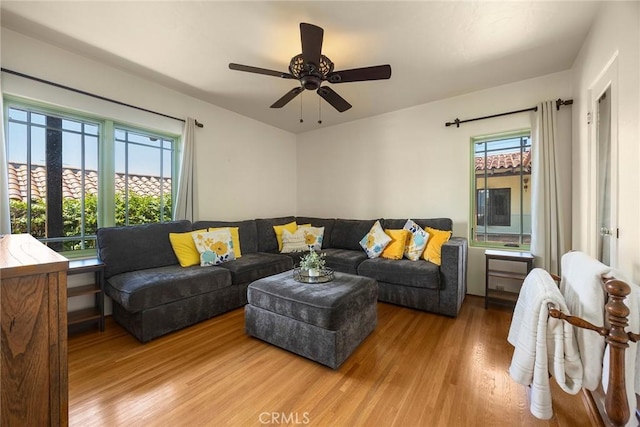 living room featuring a ceiling fan and wood finished floors