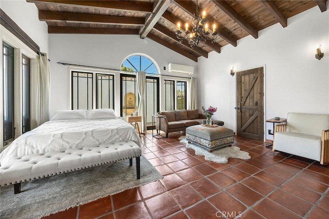 bedroom featuring wood ceiling, a wall mounted AC, a chandelier, dark tile patterned flooring, and lofted ceiling with beams