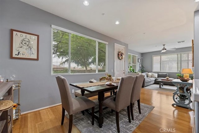 dining space with visible vents, baseboards, ceiling fan, recessed lighting, and light wood finished floors