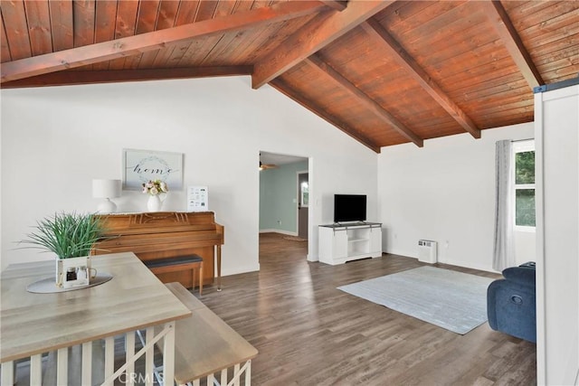 10634 Mesquite St, Oak Hills, CA 92344 - living room featuring wood ceiling, baseboards, beam ceiling, and wood finished floors