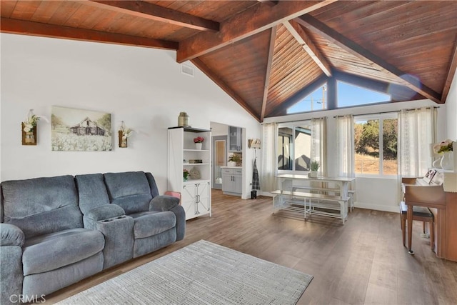 10634 Mesquite St, Oak Hills, CA 92344 - living room featuring lofted ceiling with beams, wood ceiling, and wood finished floors