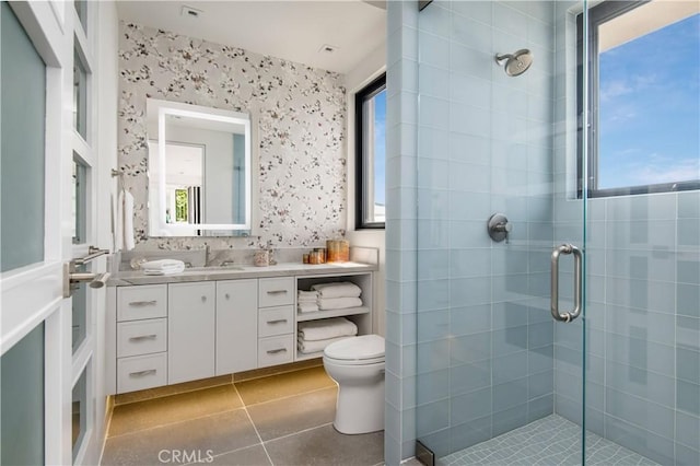 1715 Ocean Way, Laguna Beach, CA 92651 - bathroom featuring a shower stall, vanity, tile patterned flooring, toilet, and wallpapered walls