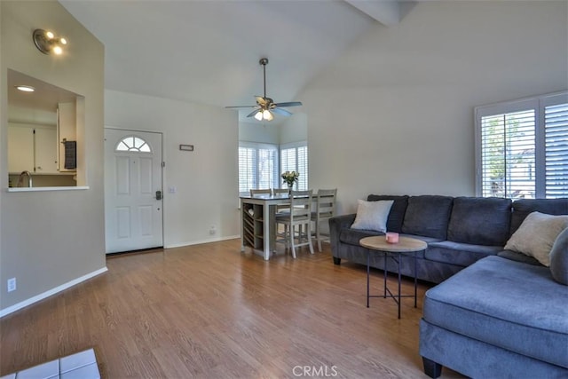 living room with a ceiling fan, wood finished floors, and a healthy amount of sunlight