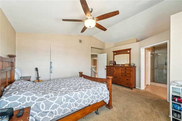 carpeted bedroom with a ceiling fan, visible vents, and lofted ceiling