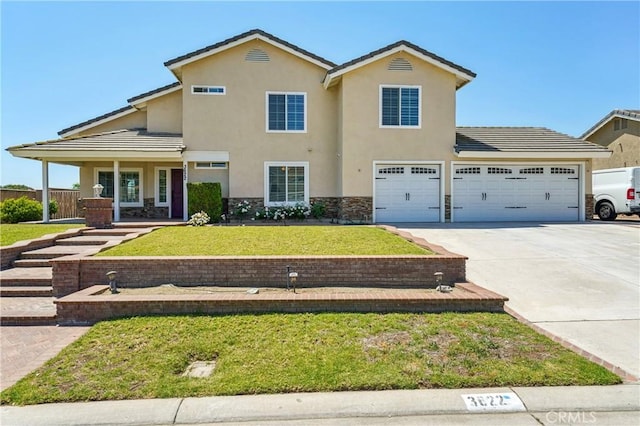 traditional home with a front lawn, stone siding, stucco siding, driveway, and a tile roof