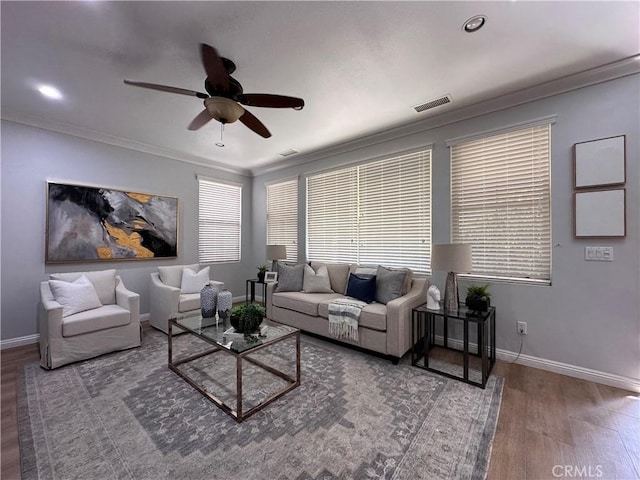 24 Flowerstalk, Irvine, CA 92618 - living room with wood finished floors, a ceiling fan, baseboards, crown molding, and recessed lighting