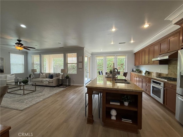 24 Flowerstalk, Irvine, CA 92618 - dining space featuring ornamental molding, light wood-style flooring, recessed lighting, ceiling fan, and baseboards
