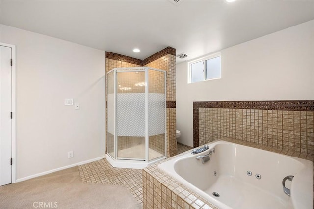 full bath featuring a tub with jets, a stall shower, and toilet