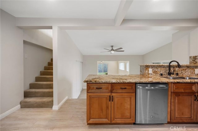 kitchen featuring brown cabinetry, a sink, lofted ceiling with beams, and dishwasher