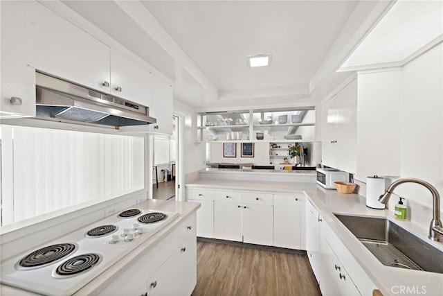 kitchen with white appliances, light countertops, under cabinet range hood, white cabinets, and a sink