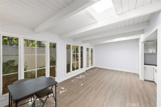 sunroom / solarium with a wooden deck, beam ceiling, wood finished floors, wooden ceiling, and baseboards