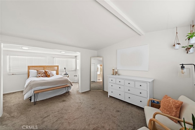 bedroom featuring carpet floors and lofted ceiling with beams
