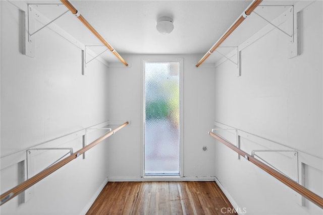 walk in closet with wood finished floors