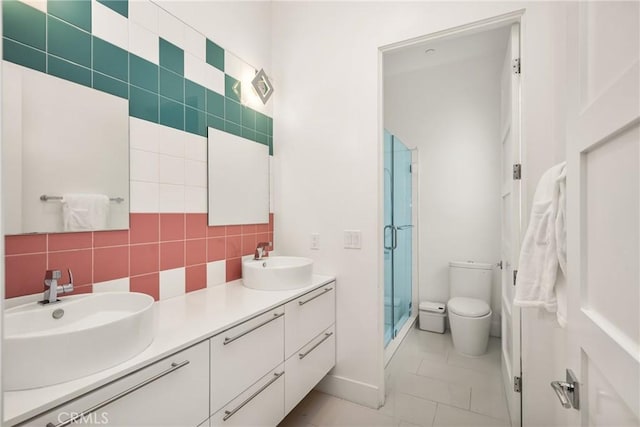 21 Alexa Ln, Ladera Ranch, CA 92694 - bathroom featuring a stall shower, double vanity, and backsplash