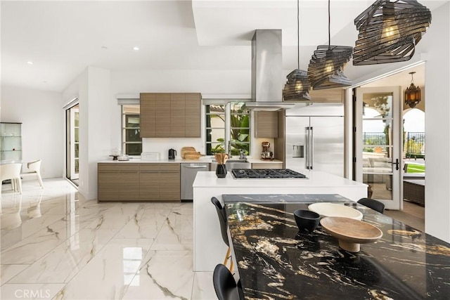 21 Alexa Ln, Ladera Ranch, CA 92694 - kitchen with appliances with stainless steel finishes, modern cabinets, brown cabinetry, light countertops, and light marble finish floors