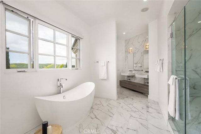 21 Alexa Ln, Ladera Ranch, CA 92694 - full bathroom featuring a marble finish shower, a freestanding bath, marble finish flooring, double vanity, and recessed lighting