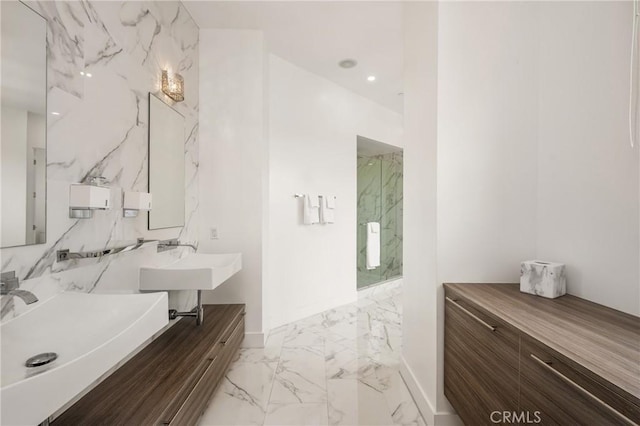 21 Alexa Ln, Ladera Ranch, CA 92694 - full bathroom featuring marble finish floors, a marble finish shower, and vanity