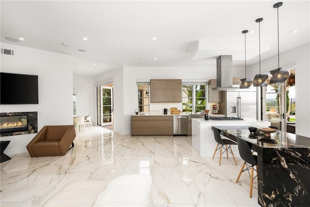 21 Alexa Ln, Ladera Ranch, CA 92694 - living area with recessed lighting, light marble finish flooring, and a glass covered fireplace