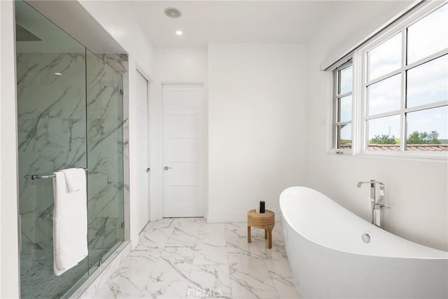 21 Alexa Ln, Ladera Ranch, CA 92694 - full bath featuring a marble finish shower, marble finish flooring, a freestanding bath, and recessed lighting