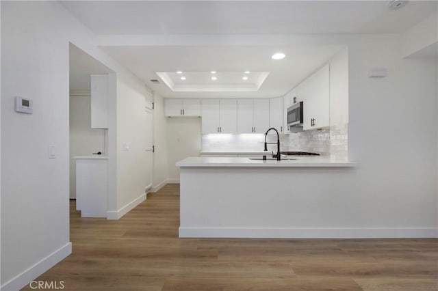 kitchen with a sink, baseboards, stainless steel microwave, a tray ceiling, and recessed lighting