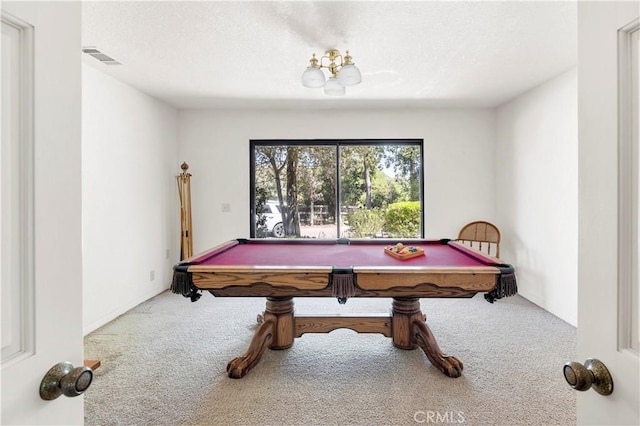 rec room with carpet flooring, pool table, and visible vents