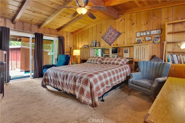 carpeted bedroom with vaulted ceiling with beams, wood walls, wood ceiling, and access to exterior