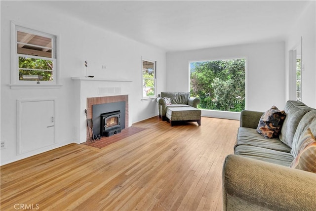 living room featuring a healthy amount of sunlight, a wood stove, light wood-type flooring, and visible vents