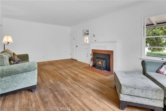 living area featuring a wood stove and wood finished floors