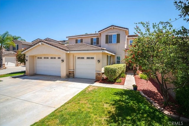 31961 Honeysuckle Cir, Winchester, CA 92596 - traditional-style house with a garage, stucco siding, driveway, a front yard, and a tile roof