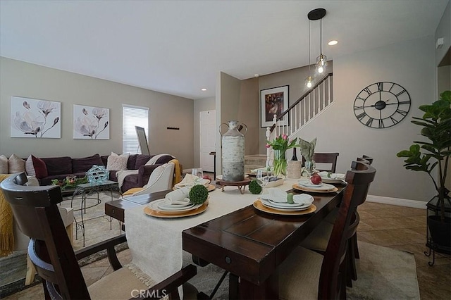 31961 Honeysuckle Cir, Winchester, CA 92596 - dining space with stairs, baseboards, and recessed lighting