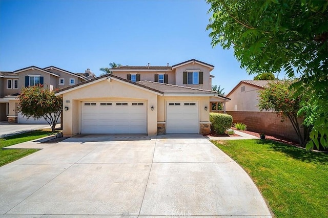 31961 Honeysuckle Cir, Winchester, CA 92596 - traditional-style home featuring stucco siding, driveway, an attached garage, a front lawn, and a tiled roof