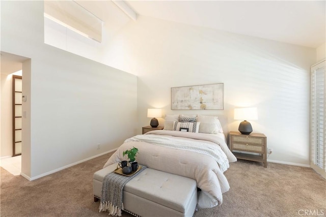 carpeted bedroom with baseboards, beamed ceiling, and high vaulted ceiling