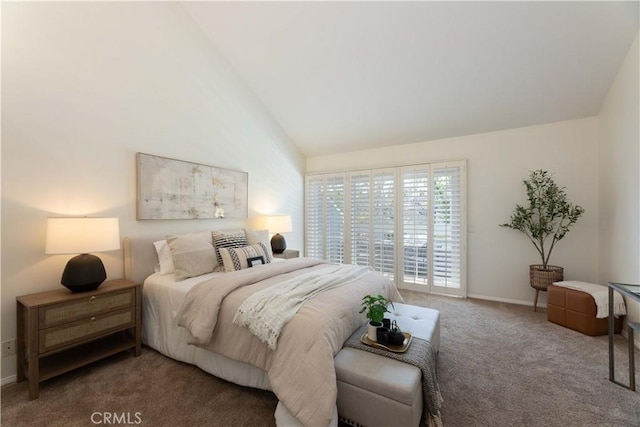 bedroom with access to outside, baseboards, carpet floors, and lofted ceiling