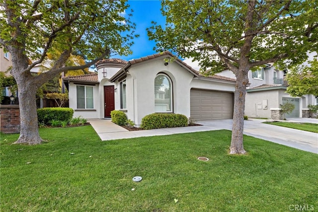 view of front of property with a front lawn, a garage, stucco siding, concrete driveway, and a tiled roof