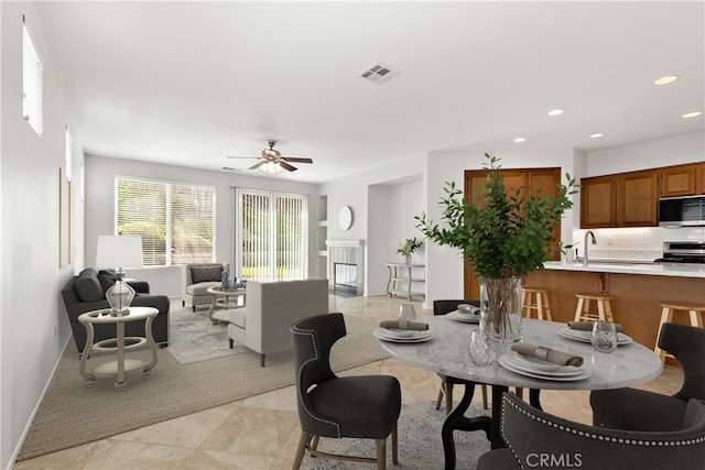 31937 Calle Galarza, Temecula, CA 92592 - dining room featuring a ceiling fan, recessed lighting, baseboards, and light tile patterned flooring