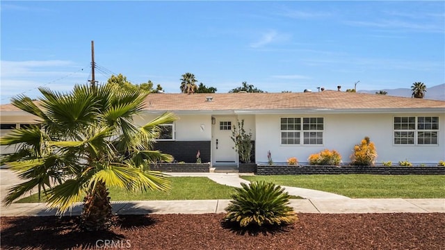 view of front facade featuring a front yard and stucco siding