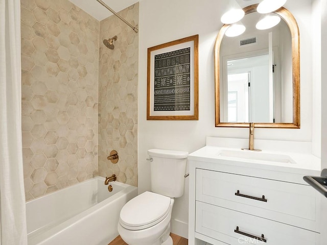 bathroom with toilet, visible vents, shower / bathtub combination with curtain, and vanity
