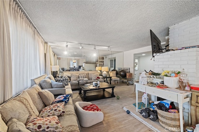 10139 Hayvenhurst Ave, North Hills, CA 91343 - living room featuring wood finished floors, a textured ceiling, and track lighting